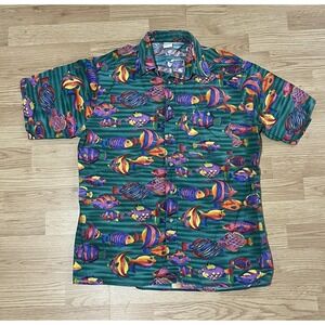 Angelica Mens M Shirt All Over Print Sun Fish Short Sleeve Button Vintage
